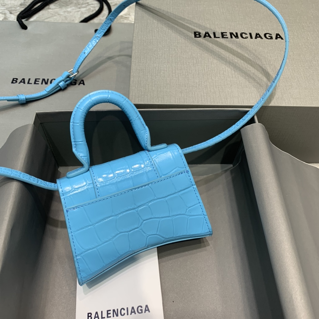 Balenciaga Hourglass Mini Handbag Crocodile Embossed Shoulder Bag Blue 